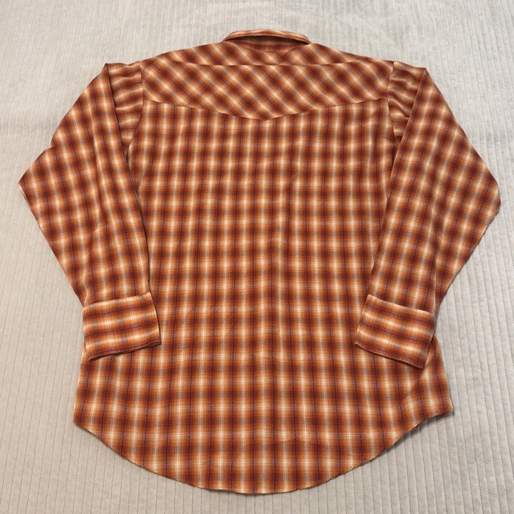 Ely Cattleman Pearl Snap Western Shirt Mens L Orange Blue Plaid Long Sleeve
